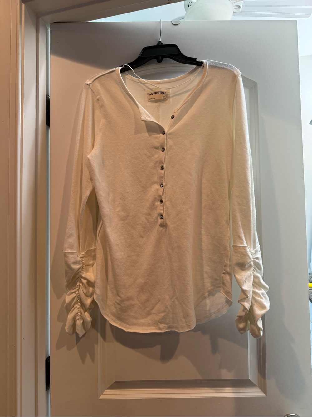 We The Free Cream Henley Top with Ruched Sleeve Detail